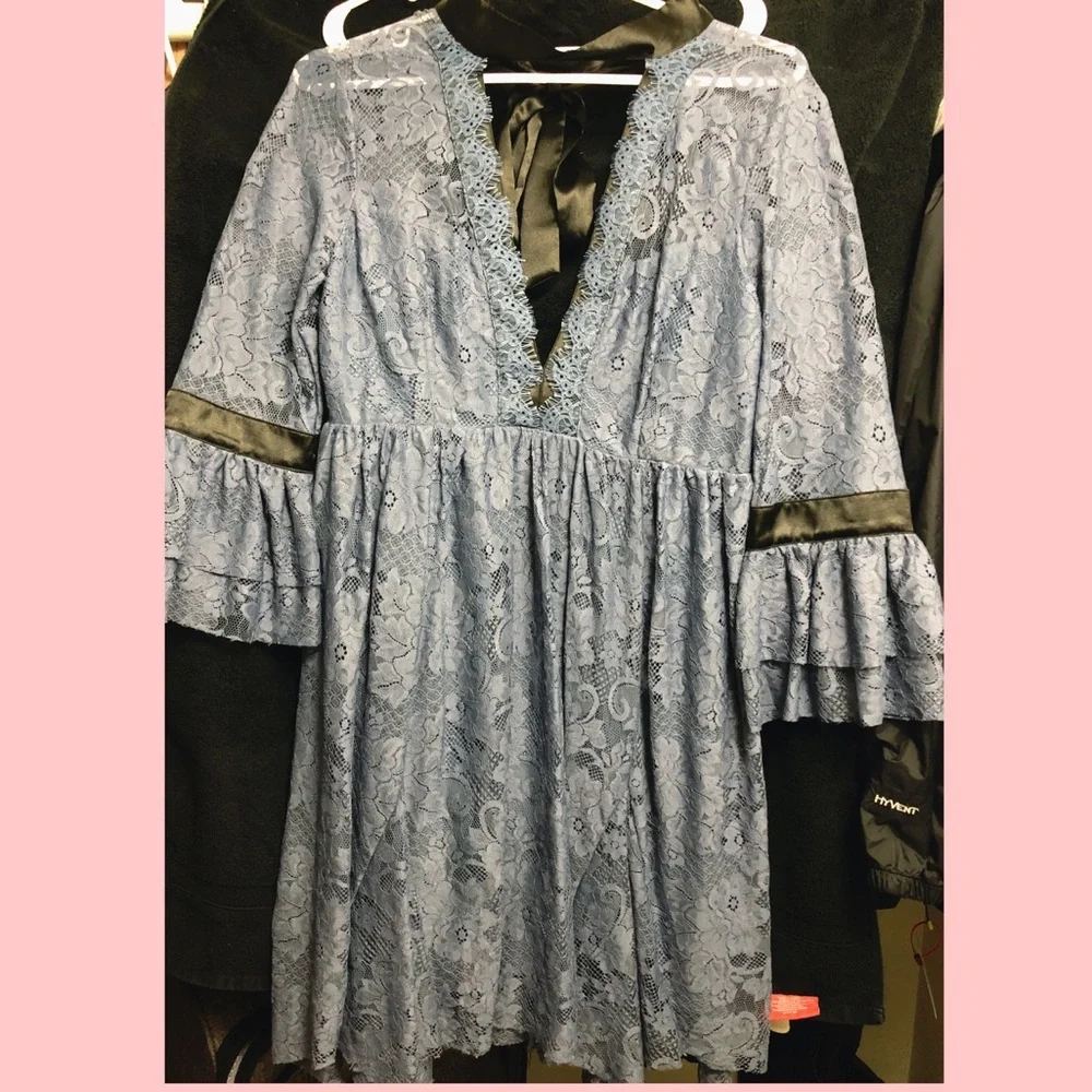 Free People Slate Blue Lace Midi Dress with Black Trim - Picture 3 of 4
